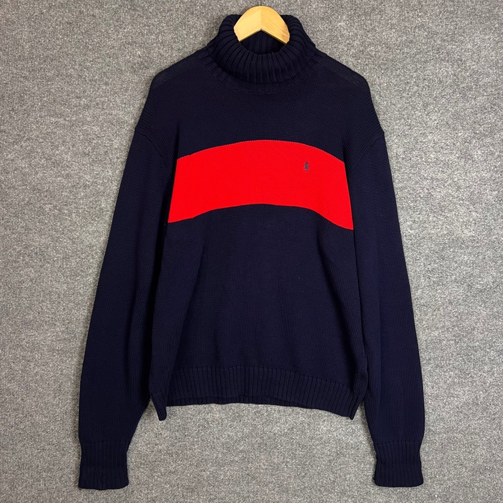Polo Ralph Lauren Turtleneck Sweater Mens XL Blue Red Excellent Cotton Knit